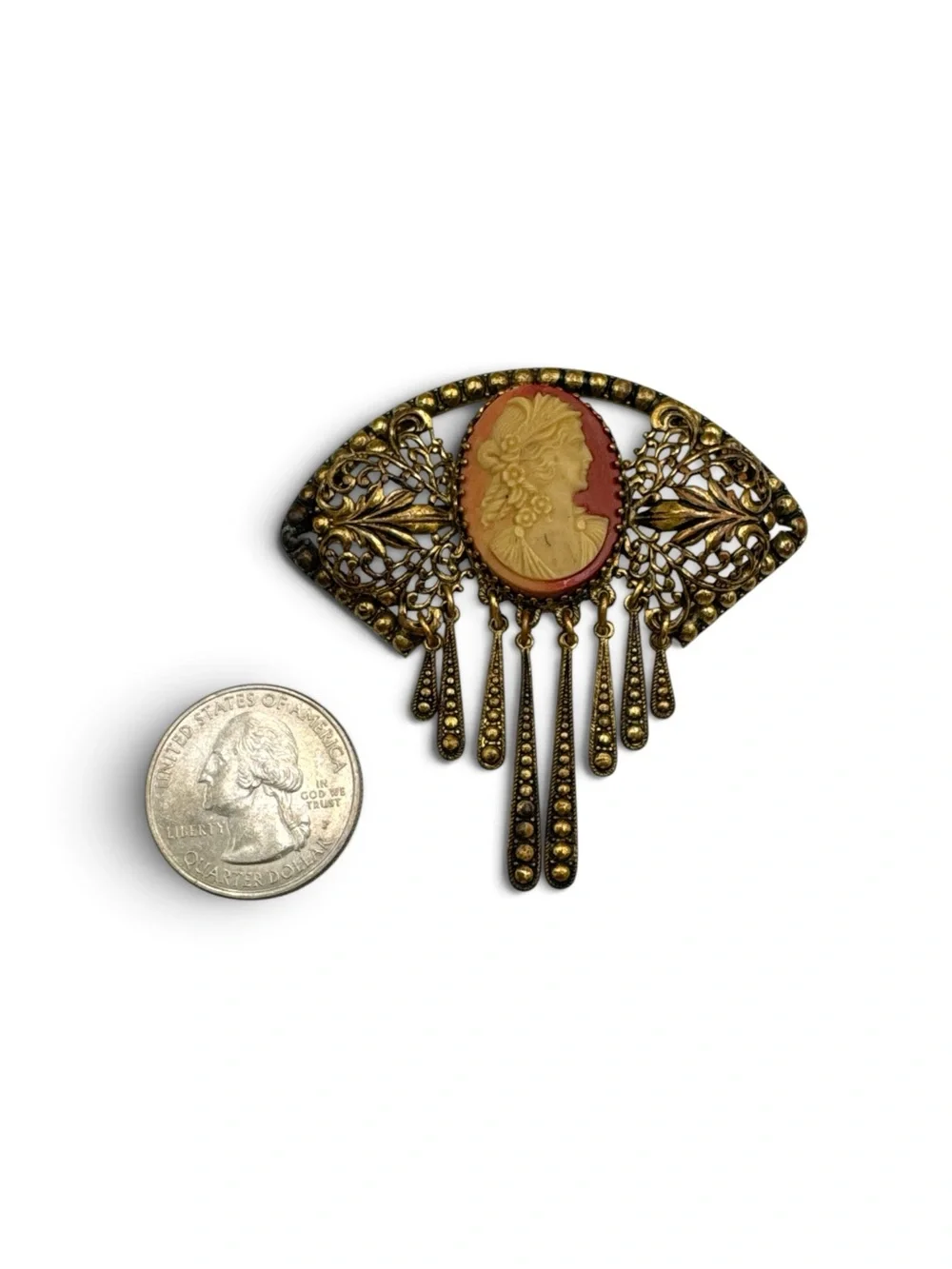 Vintage 1920s 30s Czecho Molded Glass Cameo Brass Dangle Brooch Pin